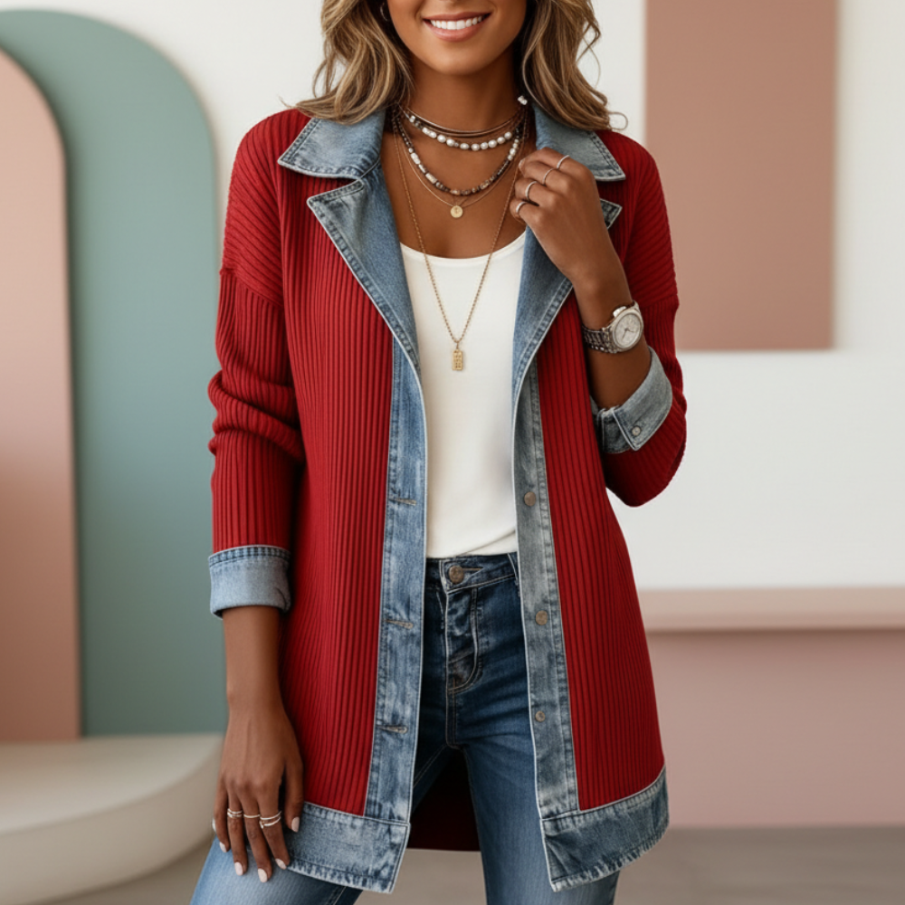 Casual Denim Patchwork Jacket With Collar For Women