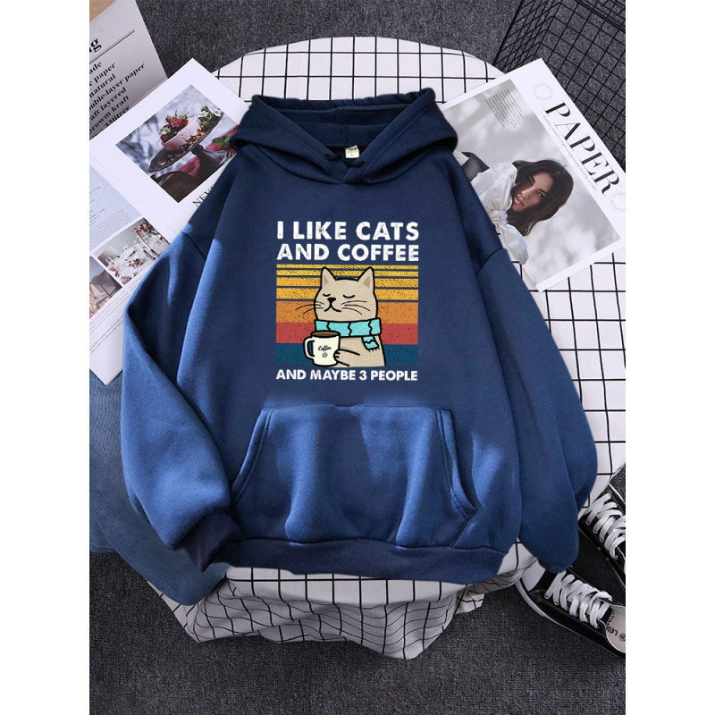 Kapuzenpullover mit Aufdruck „I Like Cats And Coffee“.