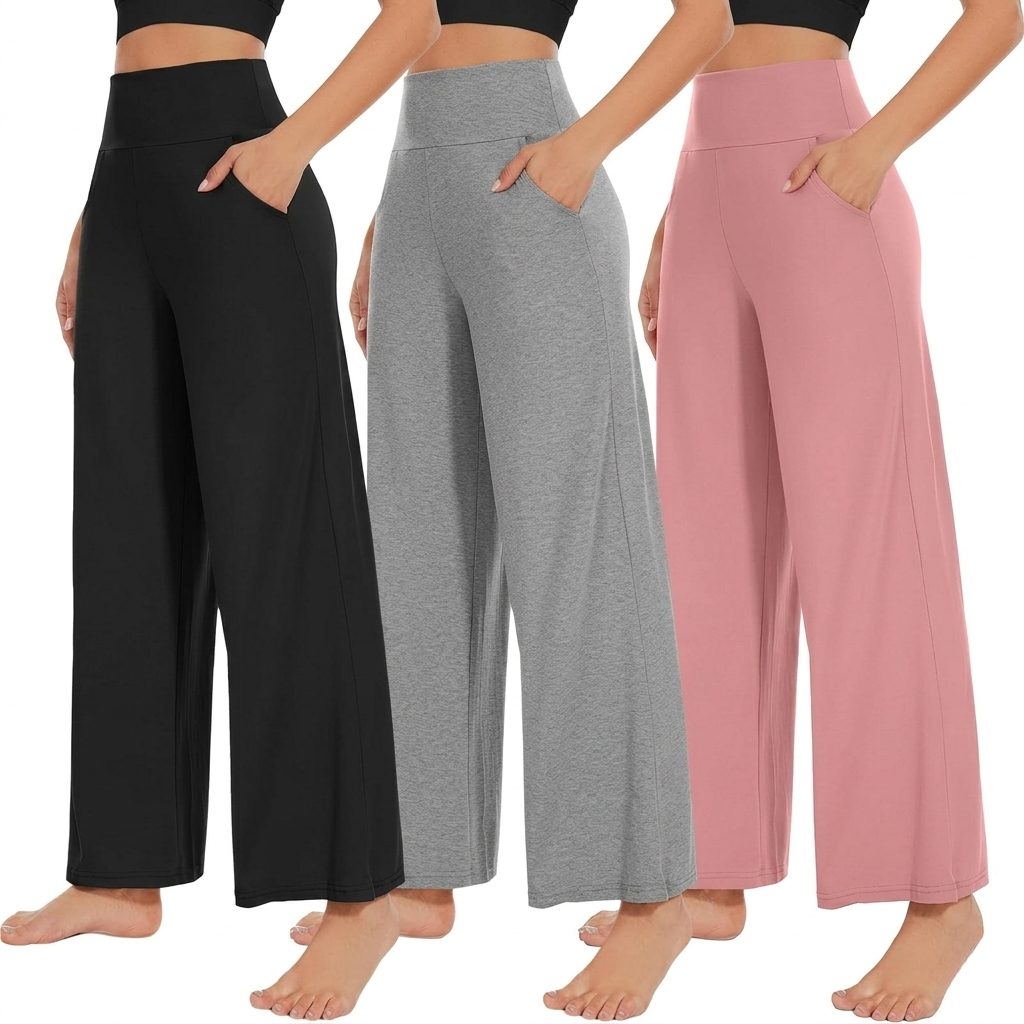 Pack Of 3 Wide Fit High Rise Pants With Pockets For Women