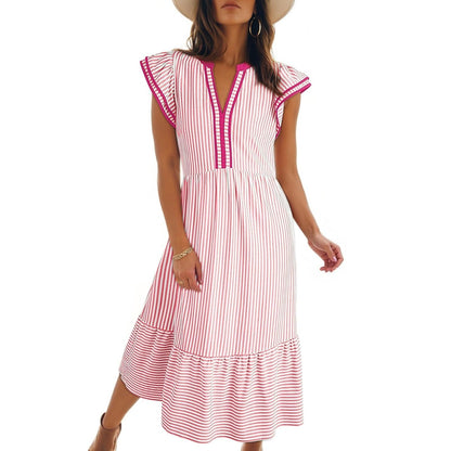 Summer Striped Ruffle Sleeve Midi Dress With Pockets