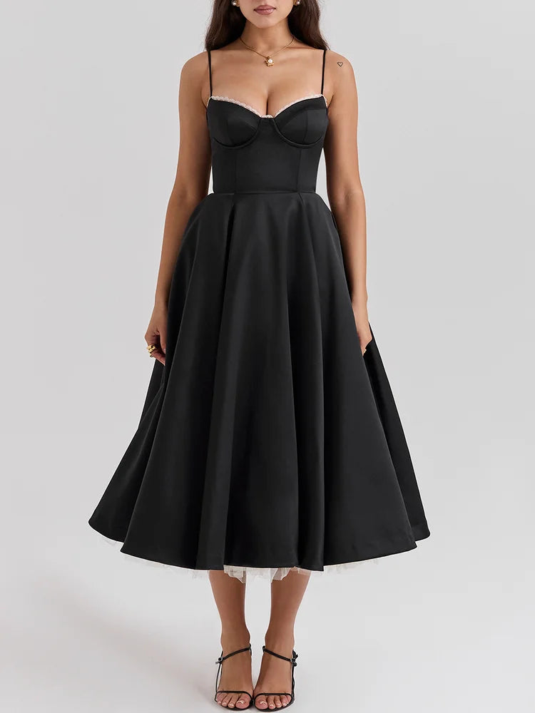 Sweetheart Neckline Cinched Waist A Line Midi Dress