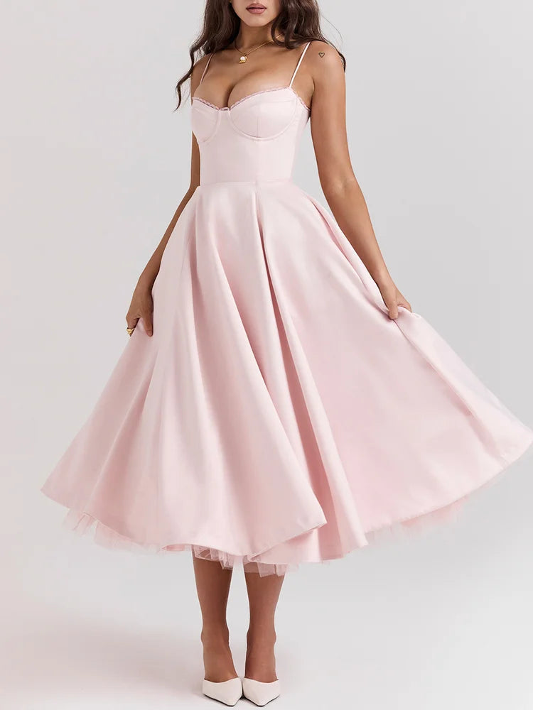 Sweetheart Neckline Cinched Waist A Line Midi Dress