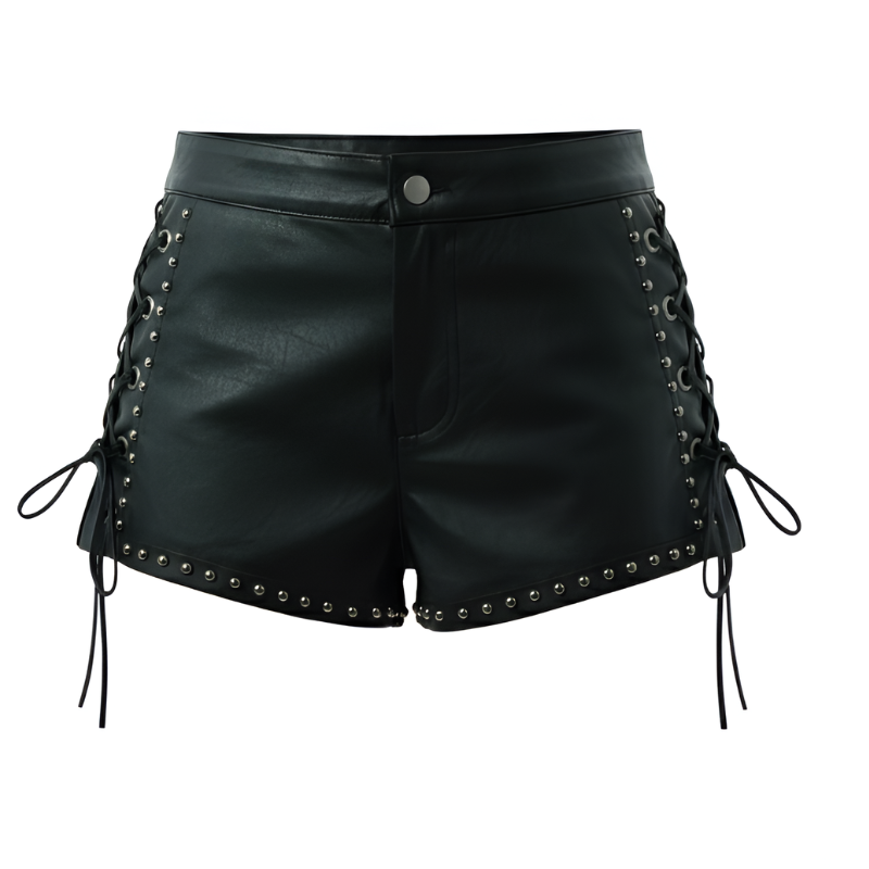 Women's Mini Studded Lace Up Leather Shorts