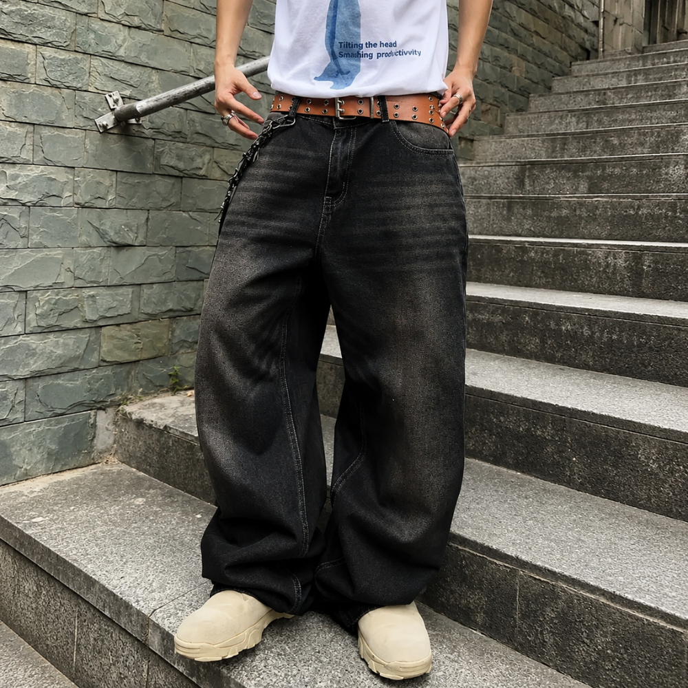 Wide Fit Vintage Design Baggy Pants With Pockets For Men