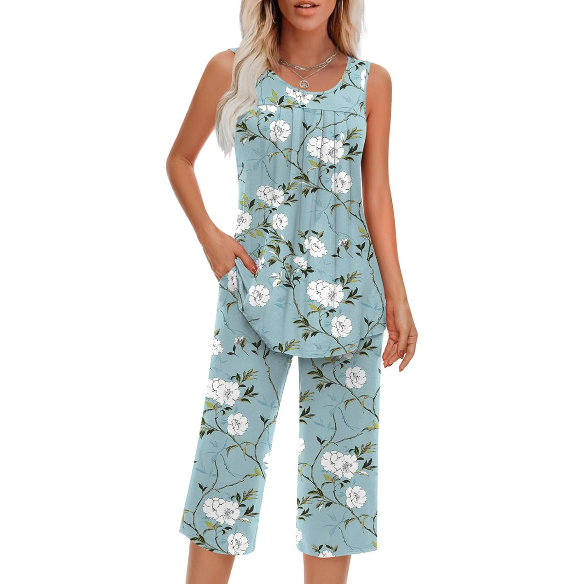 Two Piece Sleeveless Pajama Set With Tank Top And Pants With Pocket For Women