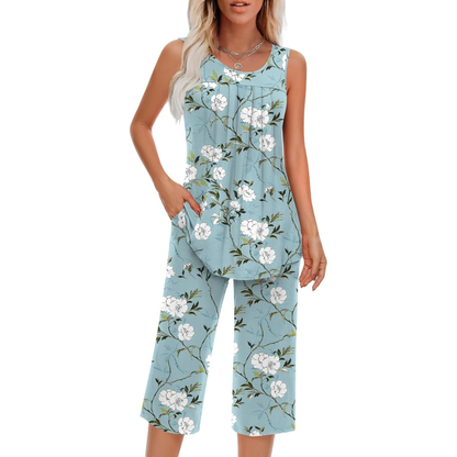 Two Piece Sleeveless Pajama Set With Tank Top And Pants With Pocket For Women