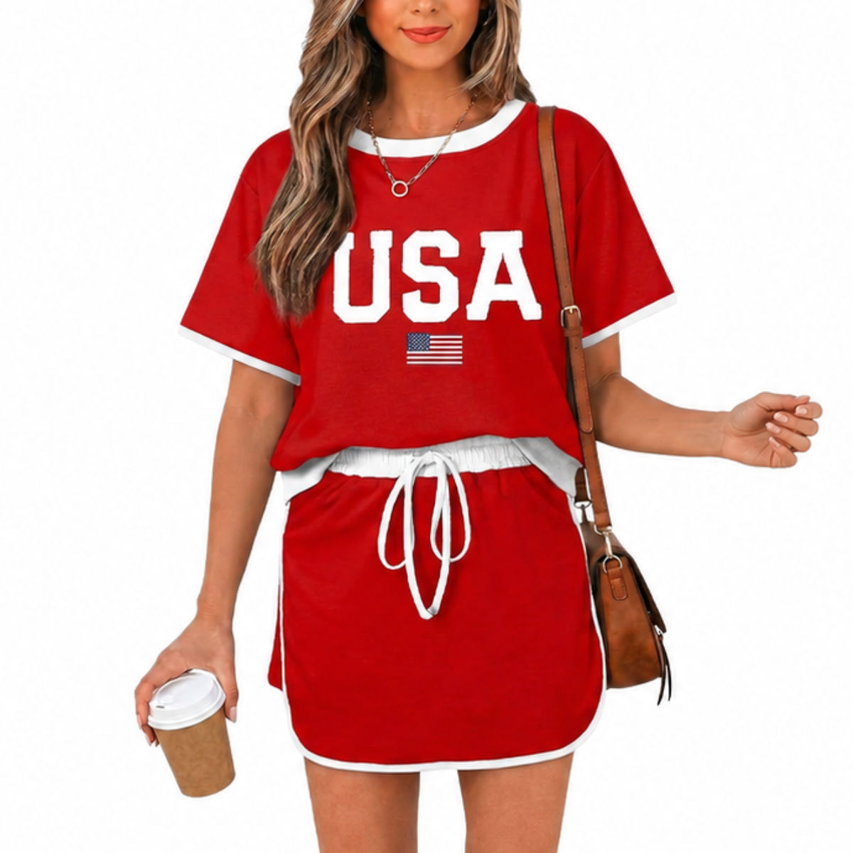 2 Piece Short Sleeve Top And Drawstring Skort Set For Women