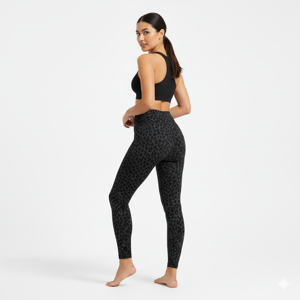 Women's Black Flocked Leopard Print High Rise Leggings