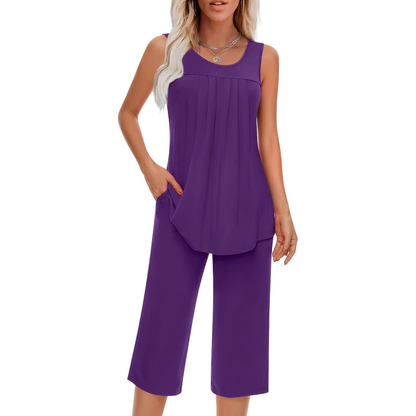 Two Piece Sleeveless Pajama Set With Tank Top And Pants With Pocket For Women