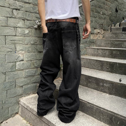 Wide Fit Vintage Design Baggy Pants With Pockets For Men