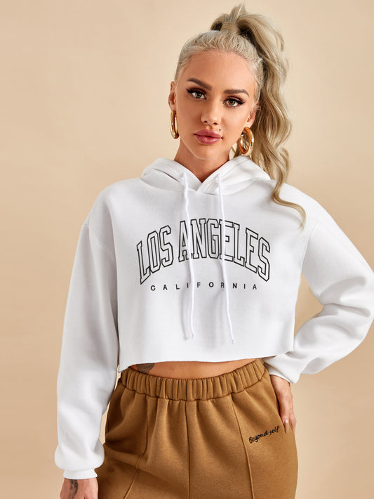 Kurzer, kurz geschnittener Pullover-Hoodie mit „Los Angeles“-Print