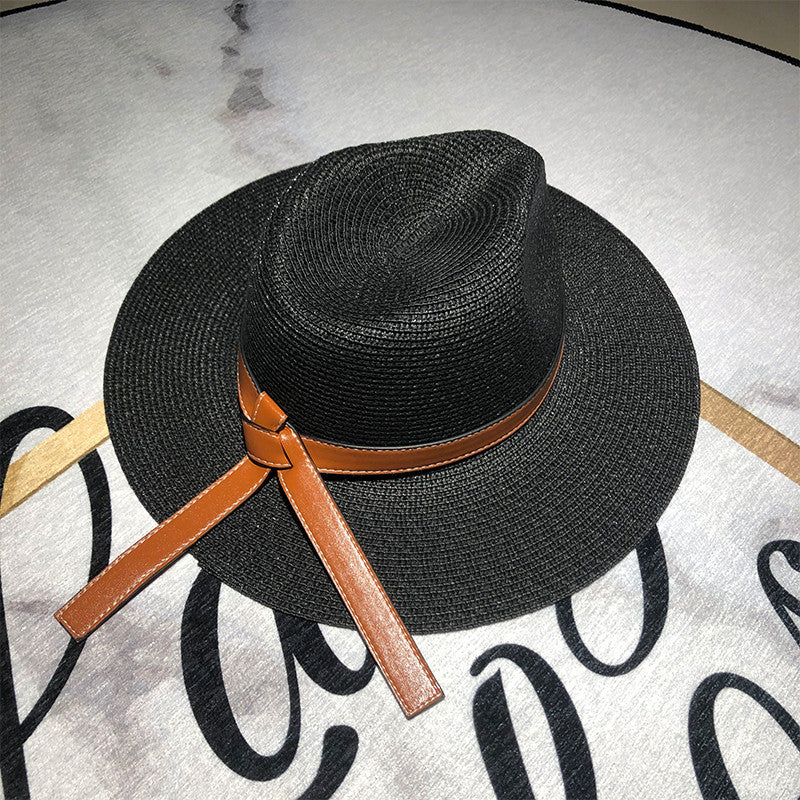 Straw Faux Leather Belt Strap Floppy Hat