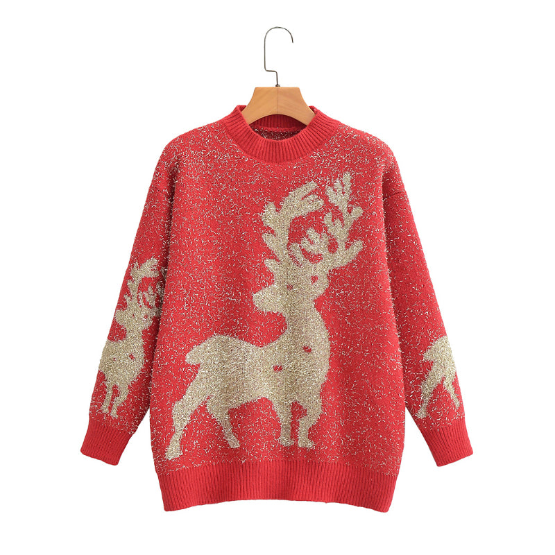 Christmas Bright Silk Giant Reindeer Mink Fur Knitted Sweater