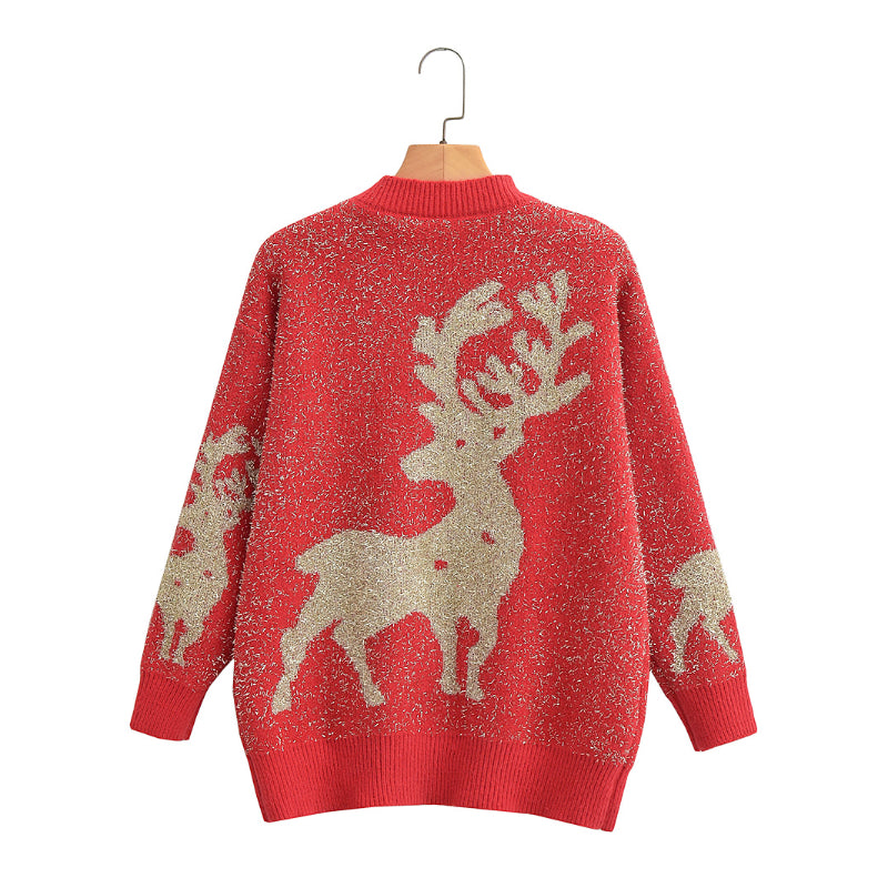 Christmas Bright Silk Giant Reindeer Mink Fur Knitted Sweater