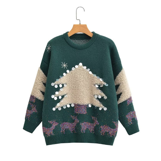 Riesiger Strickpullover mit Weihnachtsbaum und Elch