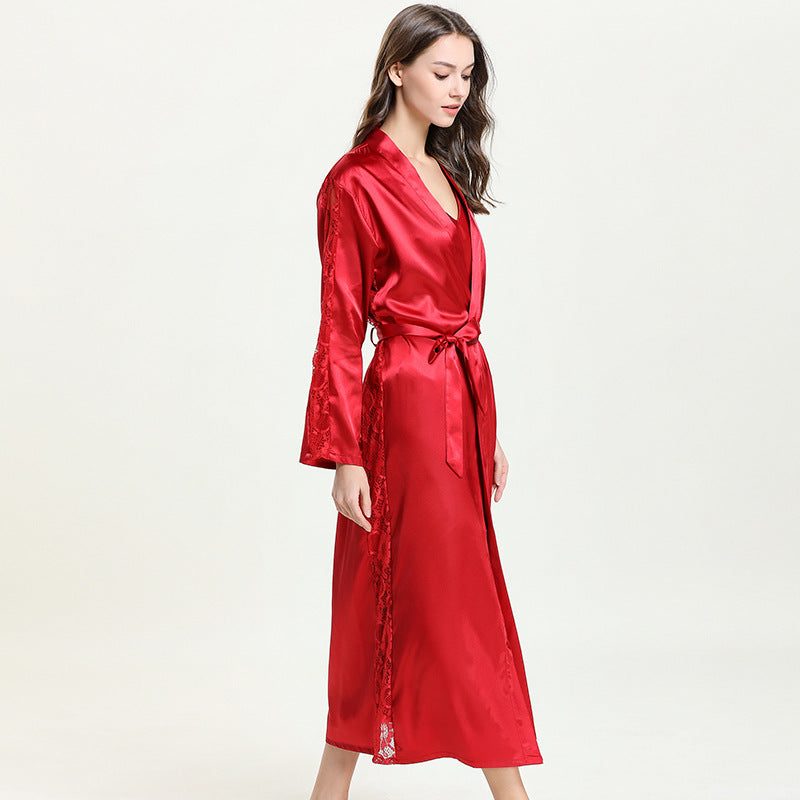 Silk Long Sleeve Lace Up Long Robe