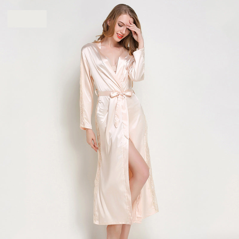 Silk Long Sleeve Lace Up Long Robe