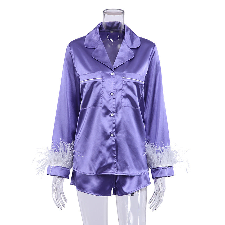 Artificial Silk Feather Detachable Long Sleeve Shorts Pajamas