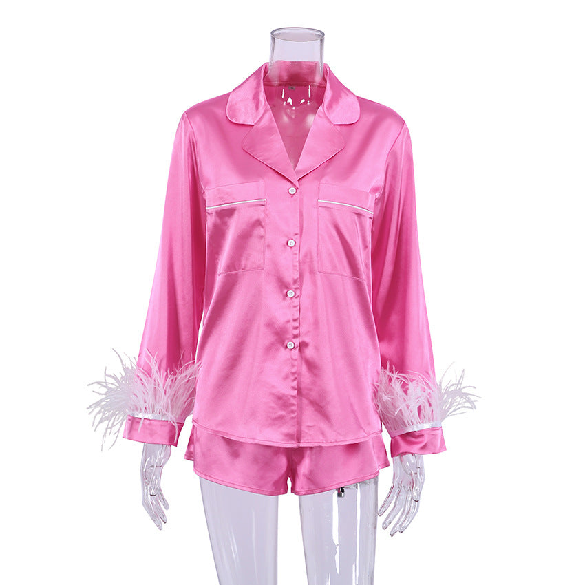 Artificial Silk Feather Detachable Long Sleeve Shorts Pajamas