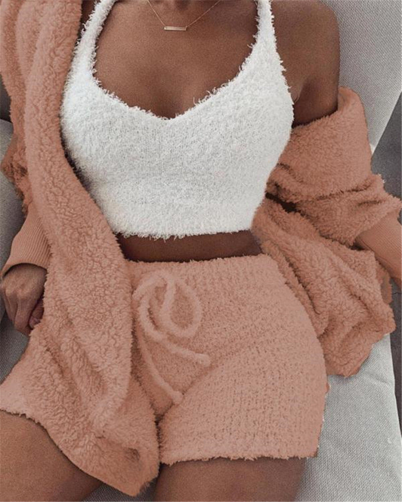 3 Pieces Fluffy Plain Crop Top And Short Cozy Knit Suit Sets