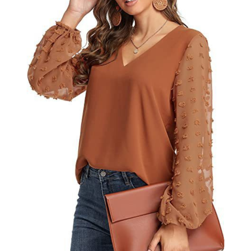 Semi Formal V Neck Textured Sleeves Blouse