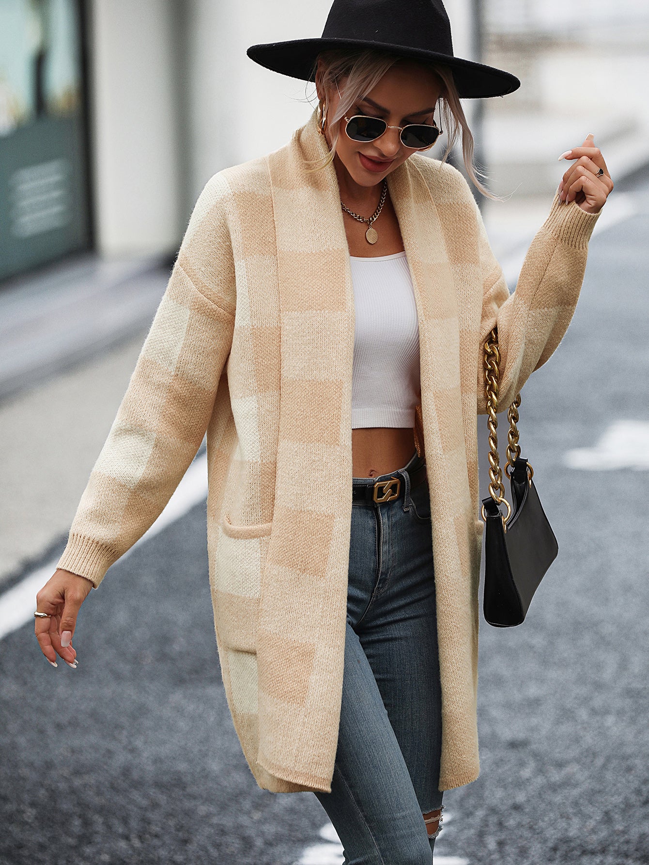 Plaid Knit Loose Cardigan Sweater