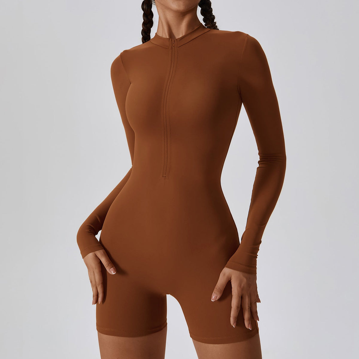 Open Collar Long Sleeve Zipper Rompers