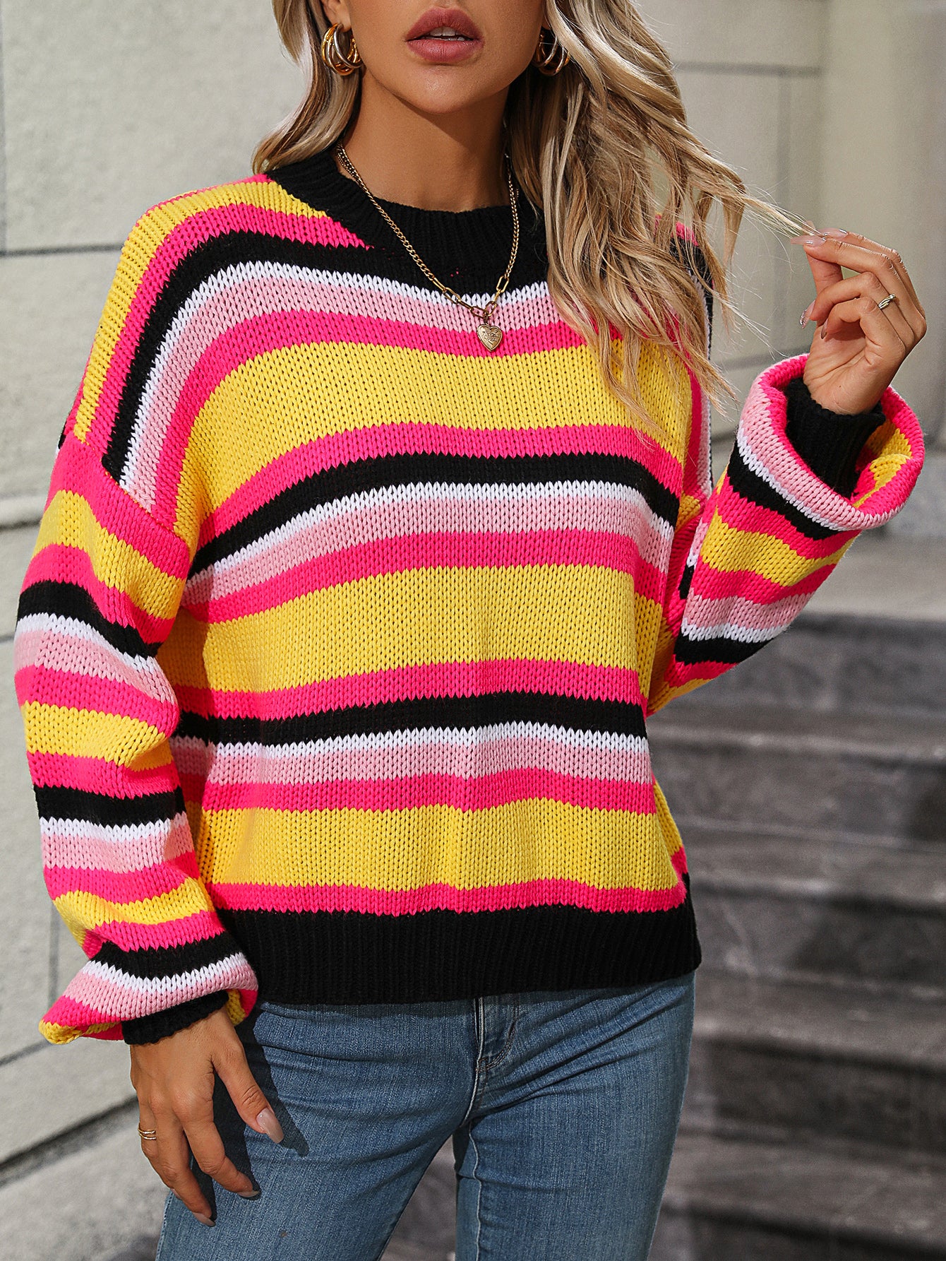 Fashionable Striped Knit Loose Sweater