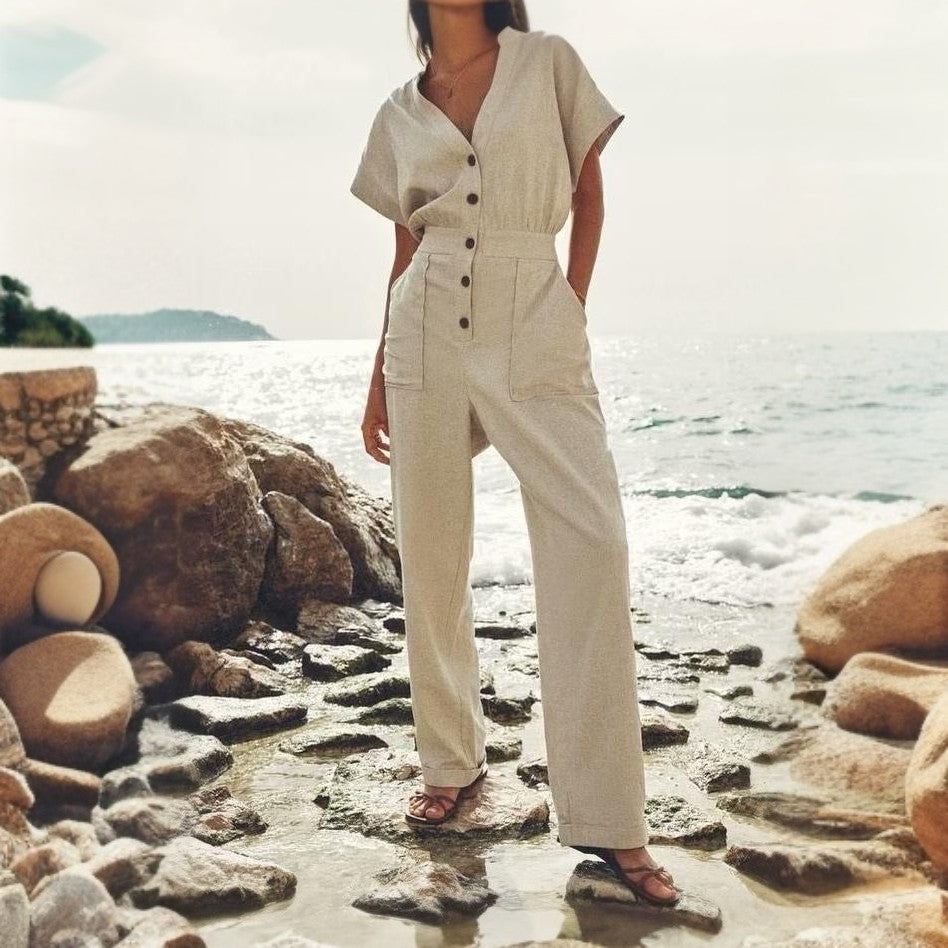 Summer Linen Blended Straight Long Jumpsuit