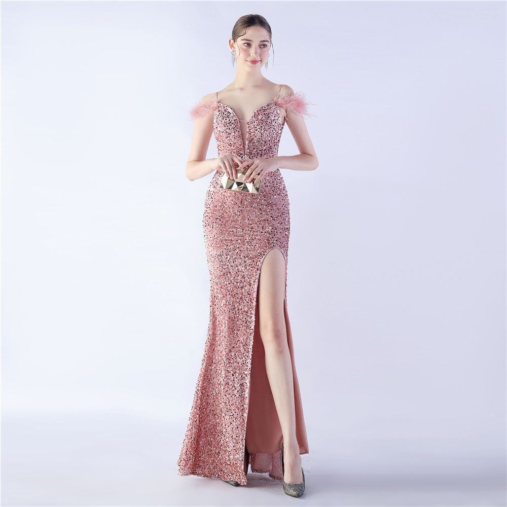 Crafted Feather High Density Sequined Long Dress