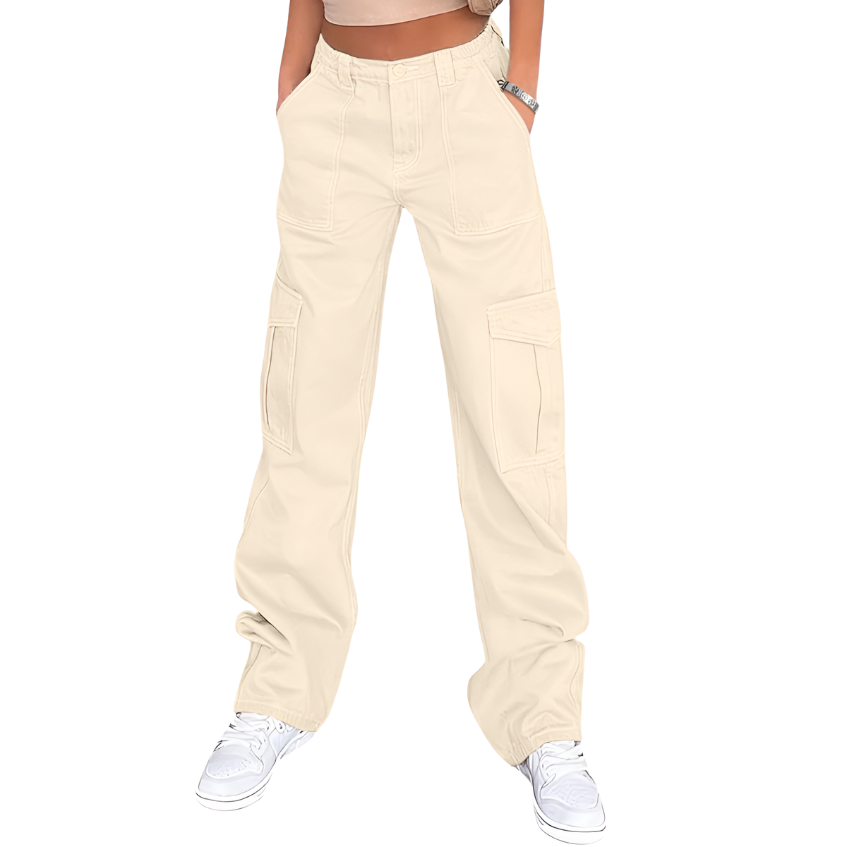 High Rise Casual Baggy And Stretchy Wide Fit Cargo Pants For Women