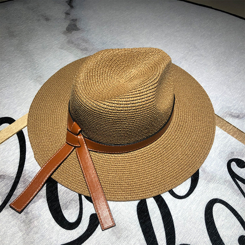 Straw Faux Leather Belt Strap Floppy Hat