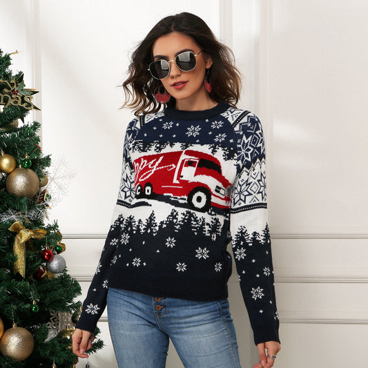 Christmas Happy Truck Snowflake Knitted Pullover Sweater