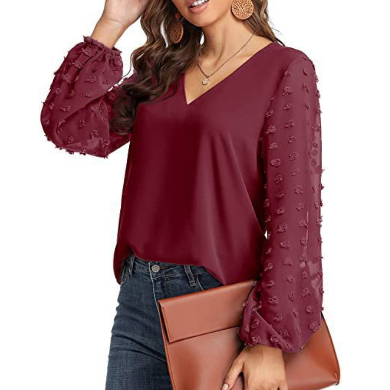 Semi Formal V Neck Textured Sleeves Blouse