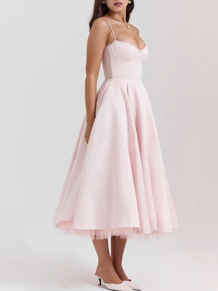 Sweetheart Neckline Cinched Waist A Line Midi Dress