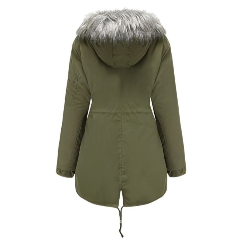 Big Fur Collar Mid Length Hooded Fleece Overcoat Parkas