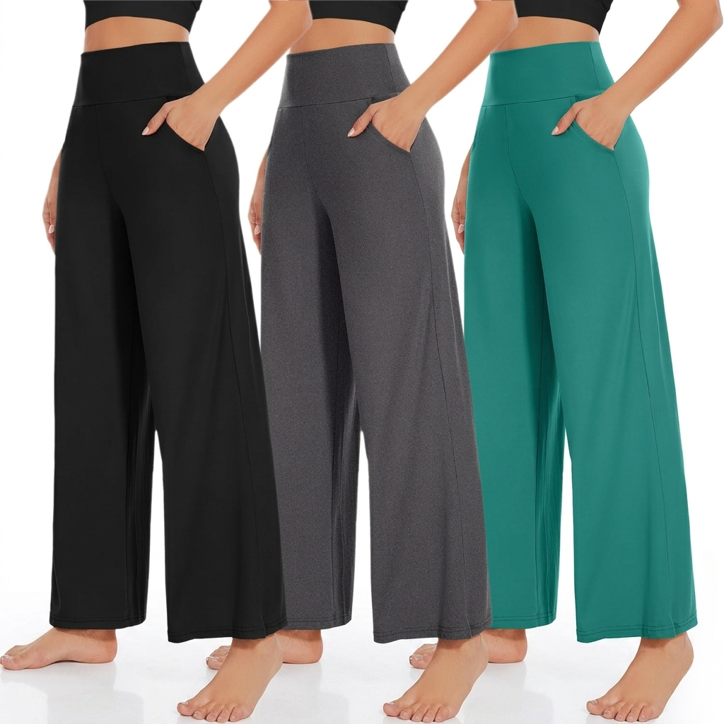 Pack Of 3 Wide Fit High Rise Pants With Pockets For Women