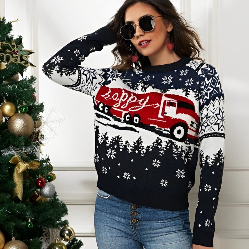 Pull tricoté en forme de flocon de neige Happy Truck de Noël