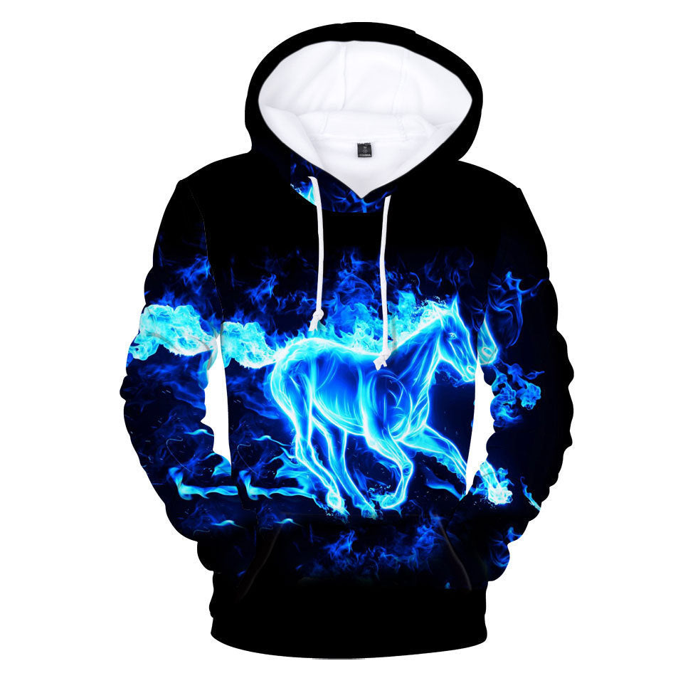 Blue Flame Horse Digital Printed 3D Hoodie