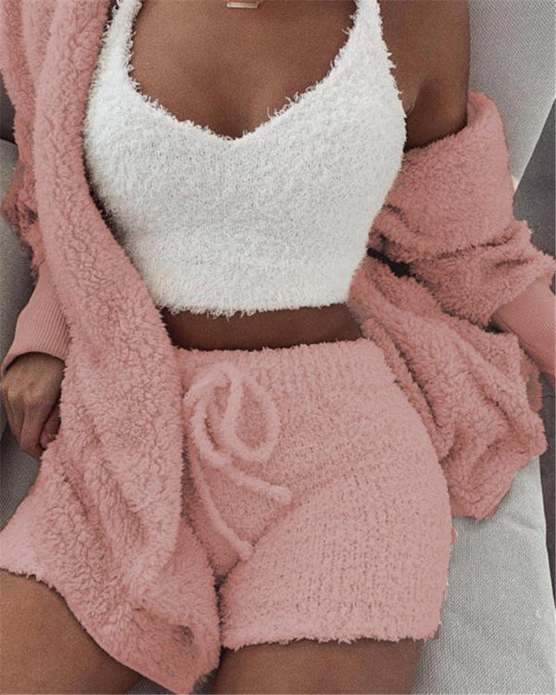 3 Pieces Fluffy Plain Crop Top And Short Cozy Knit Suit Sets