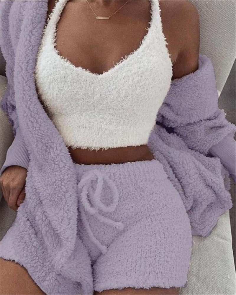 3 Pieces Fluffy Plain Crop Top And Short Cozy Knit Suit Sets