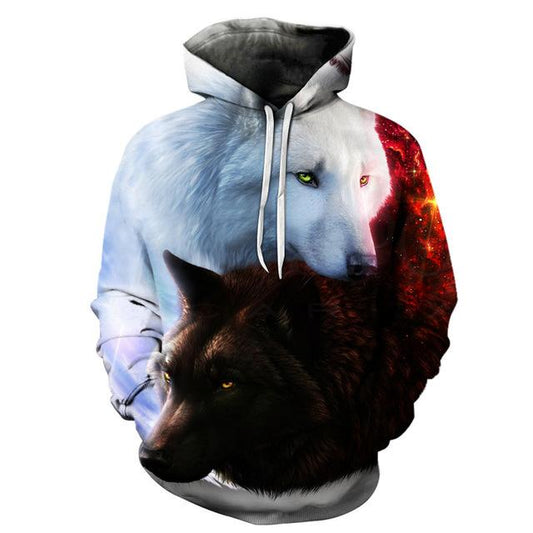 Dual Wolf Eleganter 3D-gedruckter Kapuzenpullover