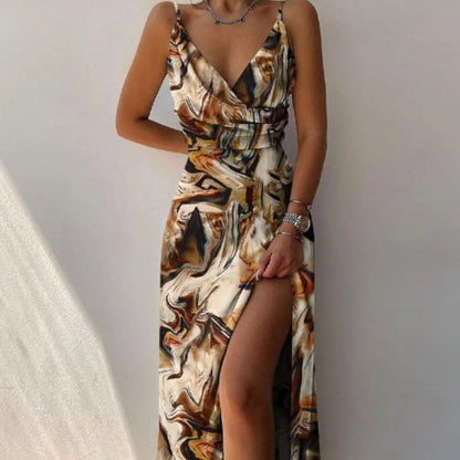 V Style Front Printed Slit Dress