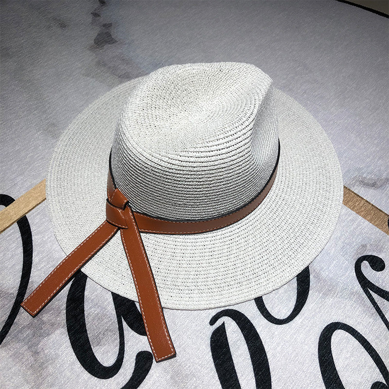 Straw Faux Leather Belt Strap Floppy Hat