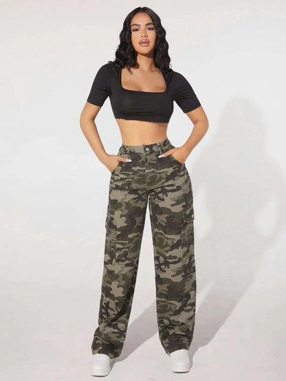 Camo Print Flap Pocket Side High Waist Cargo Jeans