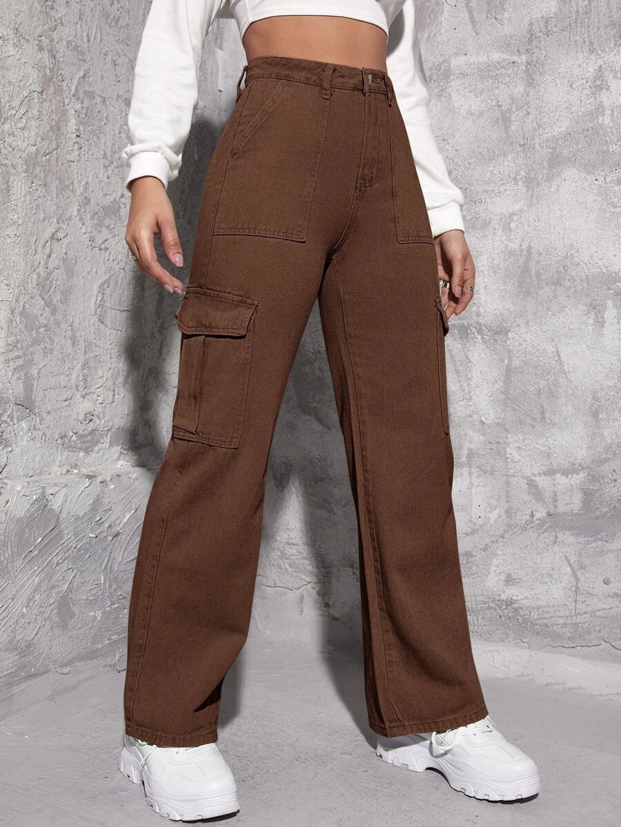 Denim High Waisted Flap Side Pocket Cargo Jeans