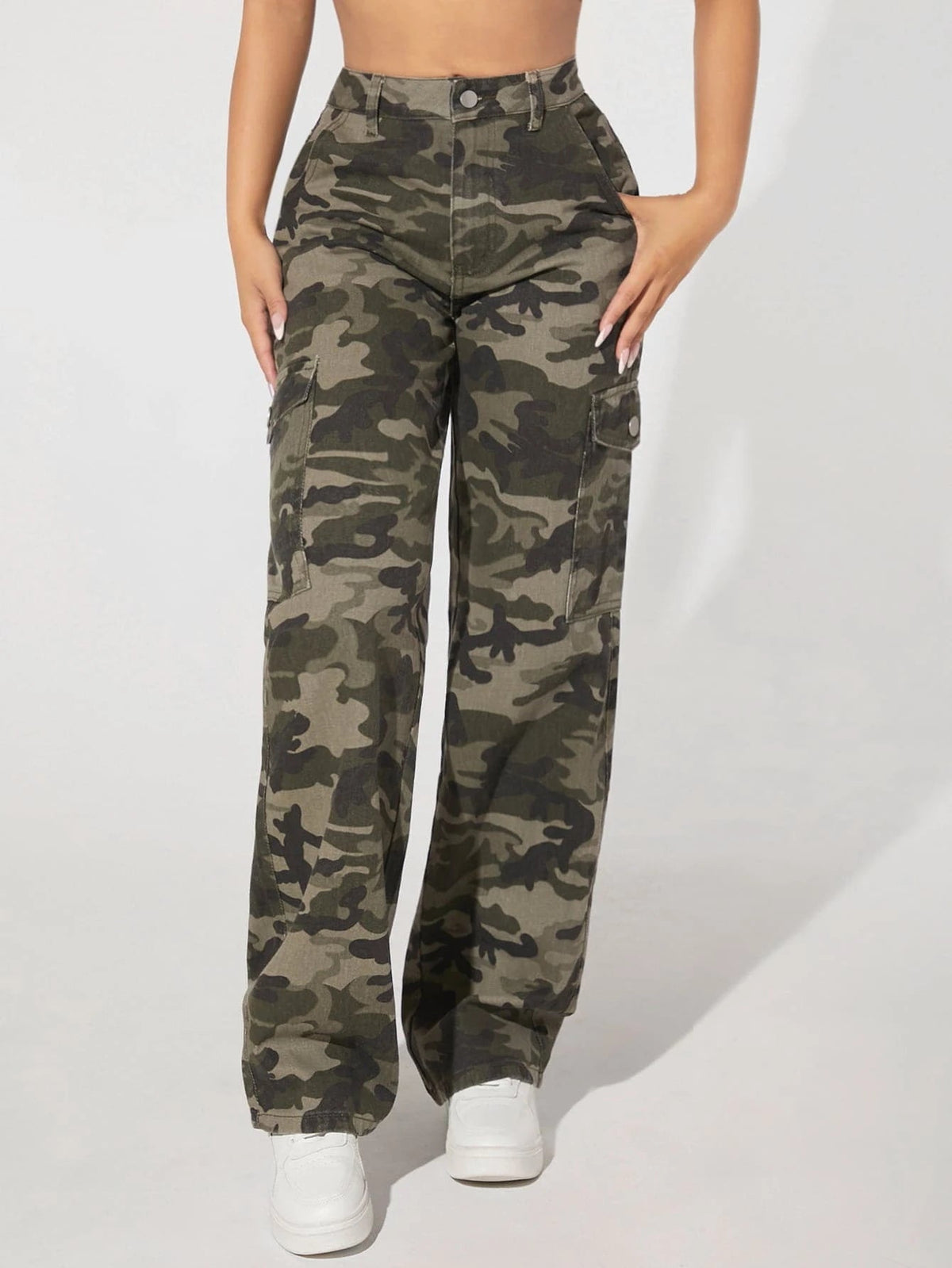 Camo Print Flap Pocket Side High Waist Cargo Jeans