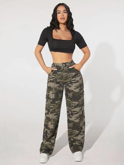 Camo Print Flap Pocket Side High Waist Cargo Jeans