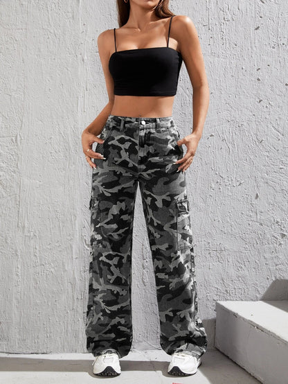 Camo Print Flap Pocket Side High Waist Cargo Jeans