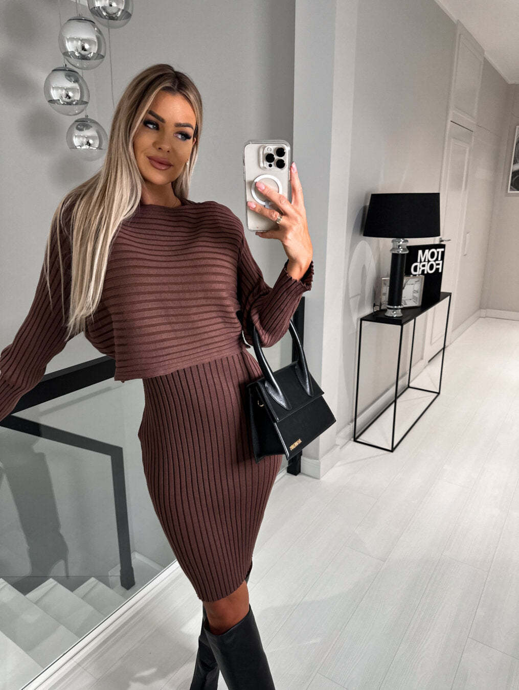 Sunken Striped Long Sleeve Suspender Skirt Dress